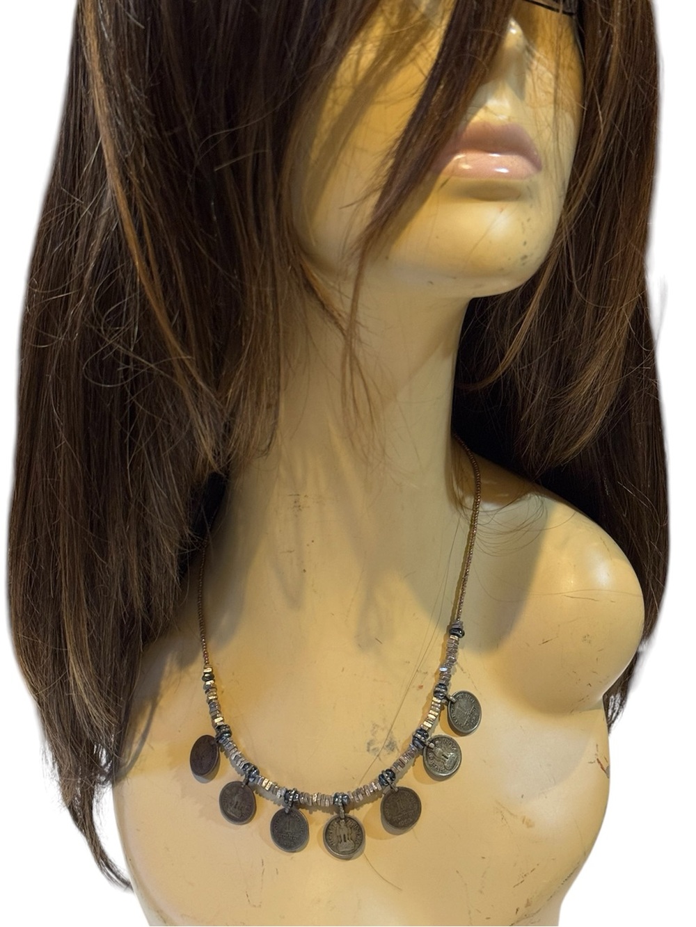 7 Coin Silver Brass Choker Necklace